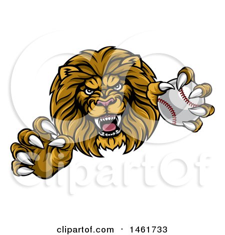 Clipart of a Tough Male Lion Head Mascot Holding a Baseball - Royalty Free Vector Illustration by AtStockIllustration