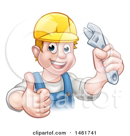 Clipart of a Cartoon Happy White Male Plumber Wearing a Hard Hat, Holding an Adjustable Wrench and Giving a Thumb up - Royalty Free Vector Illustration by AtStockIllustration