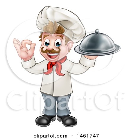Clipart of a Cartoon Full Length Happy Young White Male Chef Holding a Cloche Platter and Gesturing Perfect - Royalty Free Vector Illustration by AtStockIllustration