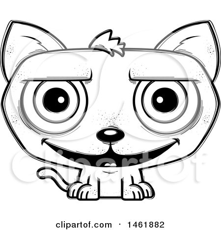 Clipart of a Cartoon Lineart Grinning Evil Cat - Royalty Free Vector Illustration by Cory Thoman