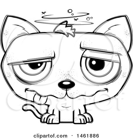 Clipart of a Cartoon Lineart Drunk Evil Cat - Royalty Free Vector Illustration by Cory Thoman
