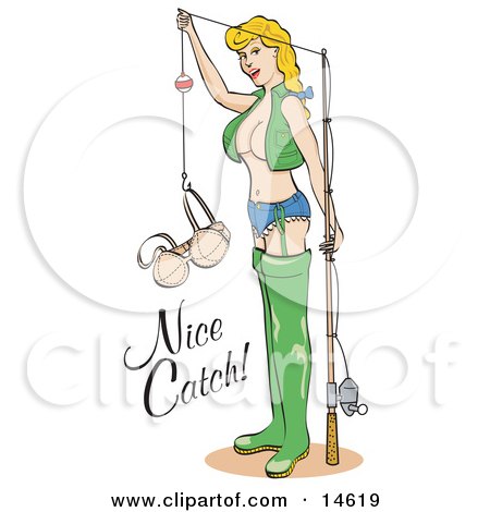Sexy Blond Woman in Fishing Gear, Holding up Her Bra in a Hook Clipart Illustration by Andy Nortnik