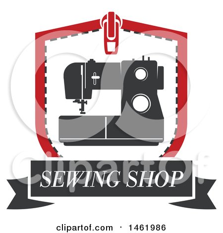 Clipart of a Sewing Machine in a Zipper Shield, with Text - Royalty Free Vector Illustration by Vector Tradition SM