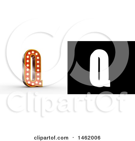 Clipart of a 3d Illuminated Theater Styled Vintage Letter Q, with Alpha Map for Isolation - Royalty Free Illustration by stockillustrations