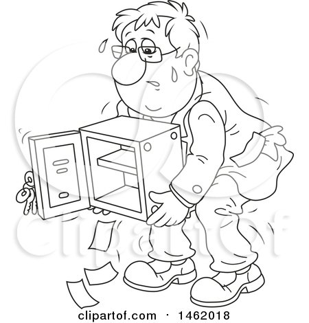Clipart of a Cartoon Business Man Struggling to Carry an Empty Safe, Black and White - Royalty Free Vector Illustration by Alex Bannykh