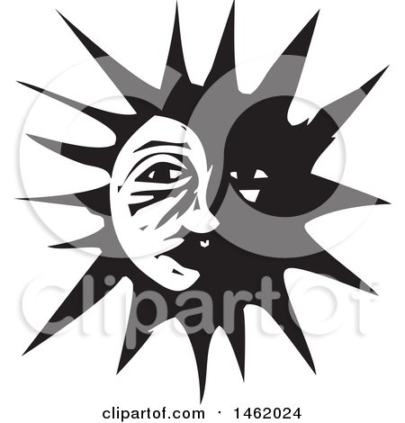 Clipart of a Sun and Moon Face, Partially in the Dark, Black and White Woodcut Style - Royalty Free Vector Illustration by xunantunich