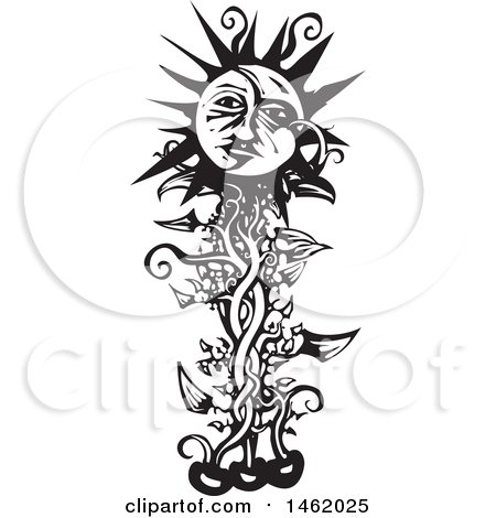 Clipart of a Sun and Moon Headed Flowering Vine, Black and White Woodcut Style - Royalty Free Vector Illustration by xunantunich