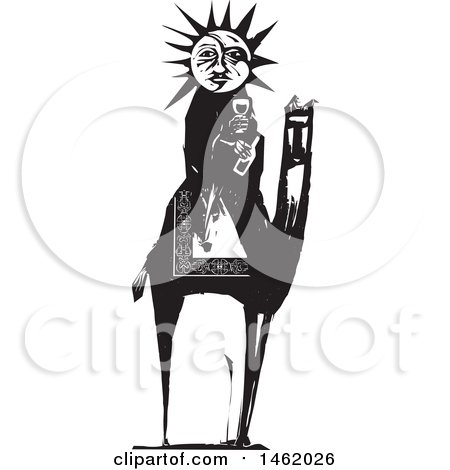 Clipart of a Sun and Moon Headed Mother Holding Wine on a Camel, Black and White Woodcut Style - Royalty Free Vector Illustration by xunantunich