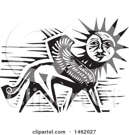 Clipart of a Sun and Moon Headed Griffin, Black and White Woodcut Style - Royalty Free Vector Illustration by xunantunich