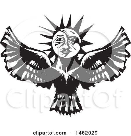 Clipart of a Sun and Moon Headed Flying Eagle, Black and White Woodcut Style - Royalty Free Vector Illustration by xunantunich
