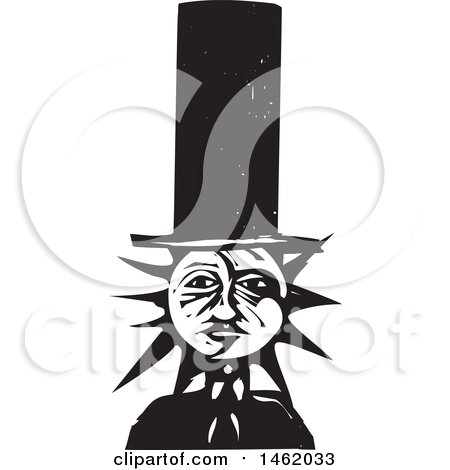 Clipart of a Sun and Moon Headed Man Wearing a Top Hat, Black and White Woodcut Style - Royalty Free Vector Illustration by xunantunich