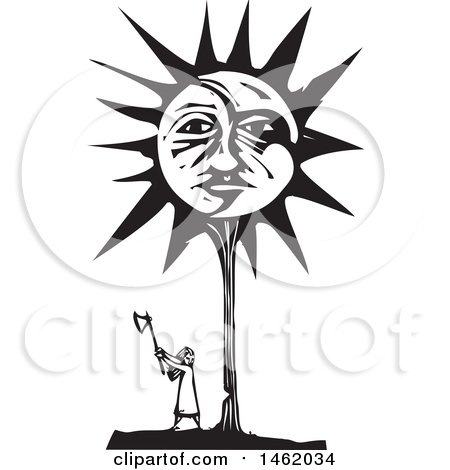 Clipart of a Woman Chopping down a Giant Sun and Moon Faced Tree, Black and White Woodcut Style - Royalty Free Vector Illustration by xunantunich