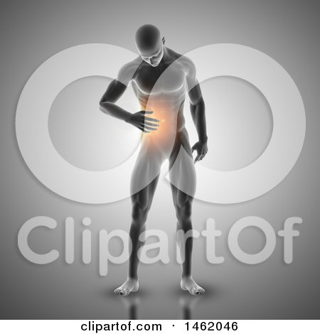 Clipart of a 3d Medical Anatomical Male with Glowing Stomach Pain, on Gray - Royalty Free Illustration by KJ Pargeter