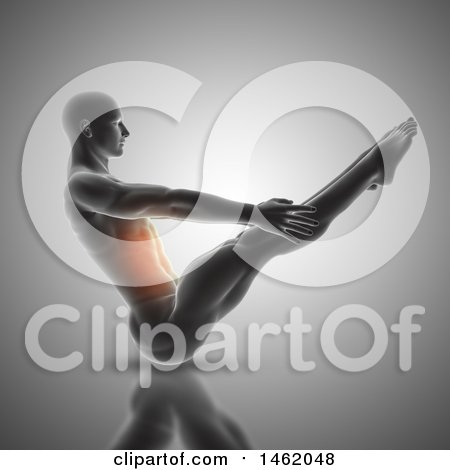 Clipart of a 3d Medical Anatomical Male Doing V Ups, with Glowing Abdomen Muscles, on Gray - Royalty Free Illustration by KJ Pargeter