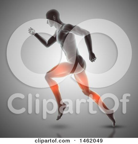 Clipart of a 3d Medical Anatomical Male with Glowing Muscles Used While Running, on Gray - Royalty Free Illustration by KJ Pargeter