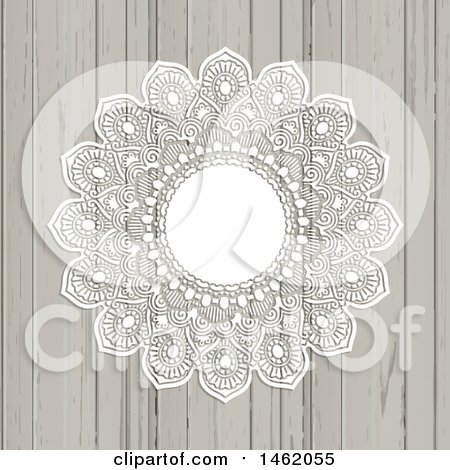 Clipart of a White Lace Ornate Mandala Frame on Wood - Royalty Free Vector Illustration by KJ Pargeter