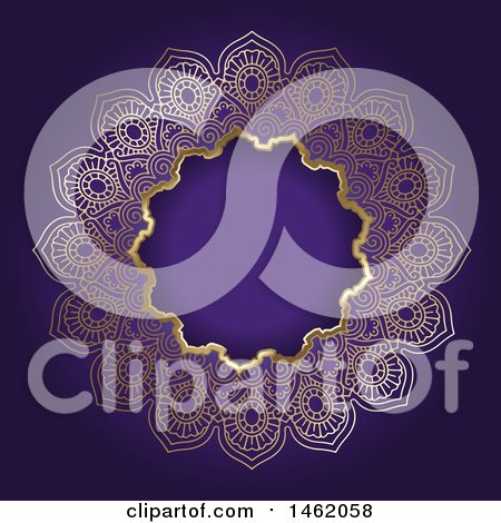 Clipart of a Golden Ornate Mandala Frame on Purple - Royalty Free Vector Illustration by KJ Pargeter