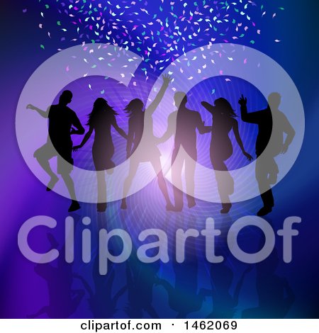 Clipart of a Group of Silhouetted Dancers over a Ray Spiral and Confetti - Royalty Free Vector Illustration by KJ Pargeter