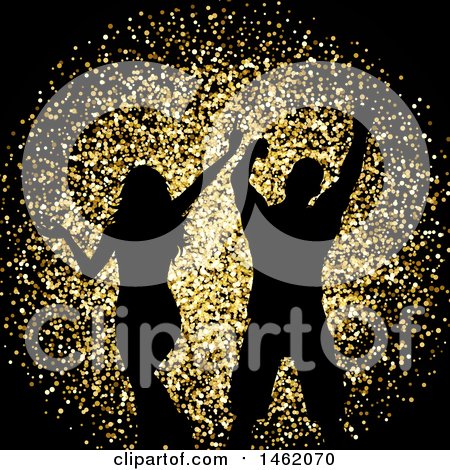Clipart of a Silhouetted Couple Dancing over Golden Glitter on Black - Royalty Free Vector Illustration by KJ Pargeter