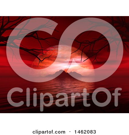 Clipart of a 3d Surreal Landscape with a Red Sunset and Bare Branches - Royalty Free Illustration by KJ Pargeter