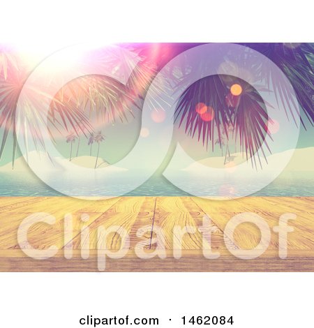 Clipart of a 3d Wooden Dock Against a Tropical Ocean with Palm Branches and Flares - Royalty Free Illustration by KJ Pargeter