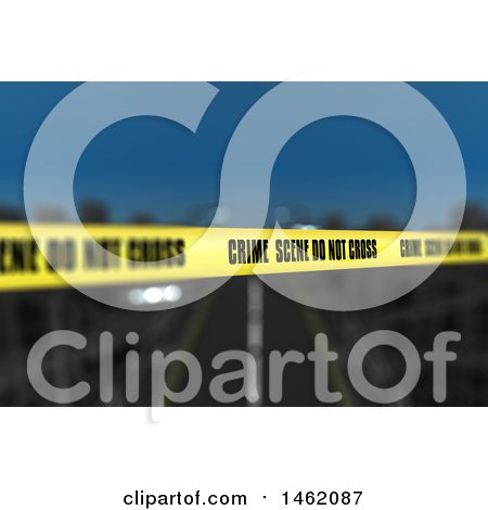 Clipart of a 3d Crime Scene Do Not Cross Tape over a Defocused City - Royalty Free Illustration by KJ Pargeter