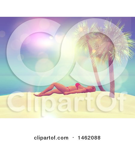Clipart of a 3d Woman Sun Bathing on a Tropical Beach, with Flares - Royalty Free Illustration by KJ Pargeter