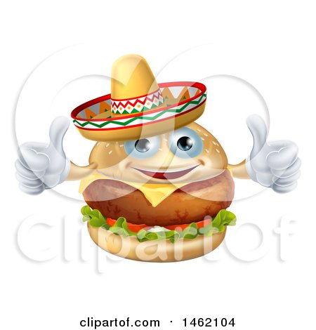Clipart of a Cheeseburger Mascot Wearing a Mexican Sombrero and Giving Two Thumbs up - Royalty Free Vector Illustration by AtStockIllustration