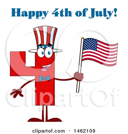 Clipart of a Patriotic Red Number Four Mascot Character Holding an American Flag Under Happy 4th of July Text - Royalty Free Vector Illustration by Hit Toon