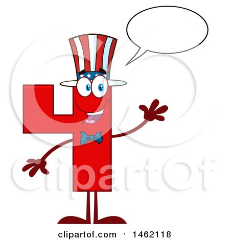 Clipart of a Patriotic American Number Four Mascot Character Talking and Waving - Royalty Free Vector Illustration by Hit Toon
