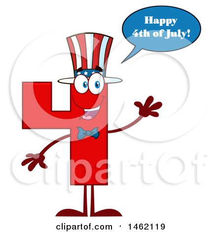 Clipart of a Patriotic American Number Four Mascot Character Waving and Talking - Royalty Free Vector Illustration by Hit Toon