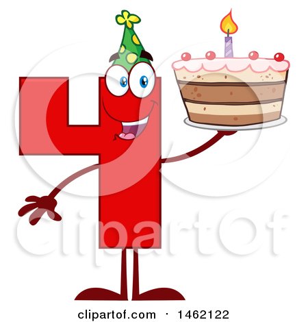 Clipart of a Red Number Four Mascot Character Holding a Birthday Cake - Royalty Free Vector Illustration by Hit Toon