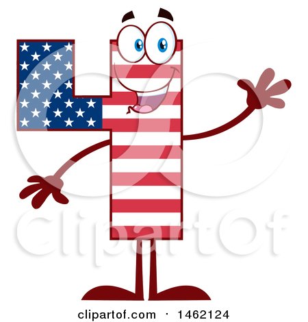 Clipart of a Patriotic American Flag Patterned Number Four Mascot Character Waving - Royalty Free Vector Illustration by Hit Toon