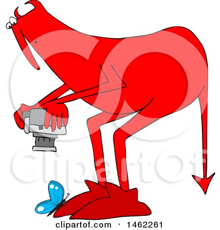 Clipart of a Chubby Red Devil Leaning over to Take a Macro Photograph of a Butterfly - Royalty Free Vector Illustration by djart