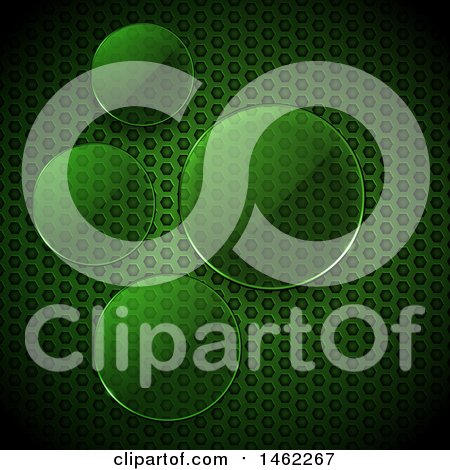 Clipart of 3d Round Glass Circles over a Green Metal Honeycomb Texture Background - Royalty Free Vector Illustration by elaineitalia