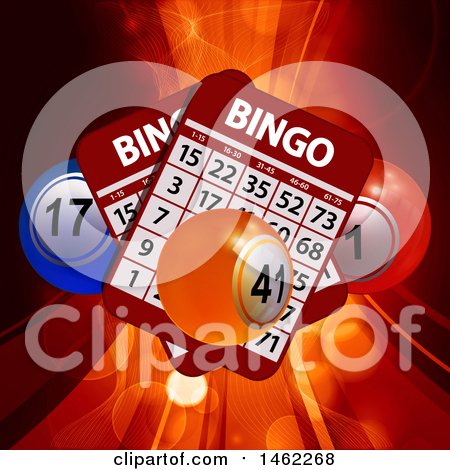 Clipart of 3d Bingo Cards and Balls over Rays and Flares - Royalty Free Vector Illustration by elaineitalia