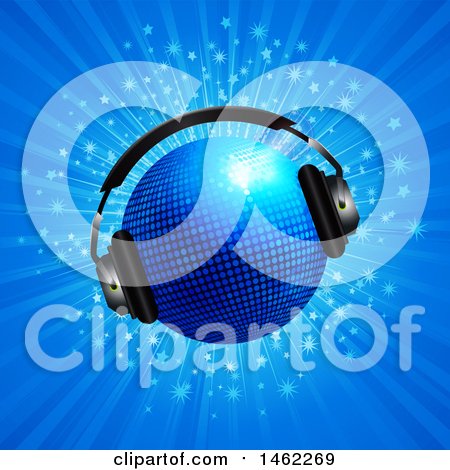 Clipart of a 3d Blue Disco Ball with Headpones over a Blue Burst - Royalty Free Vector Illustration by elaineitalia