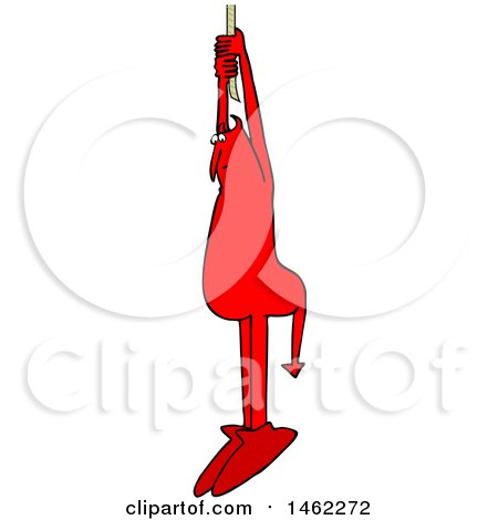 Clipart of a Chubby Red Devil Hanging from a Rope - Royalty Free Vector Illustration by djart
