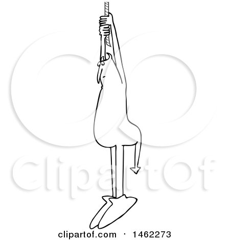 Clipart of a Black and White Chubby Devil Hanging from a Rope - Royalty Free Vector Illustration by djart