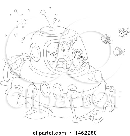 Clipart of a Black and White Happy Dog and Boy Exploring Underwater in a Submersible - Royalty Free Vector Illustration by Alex Bannykh