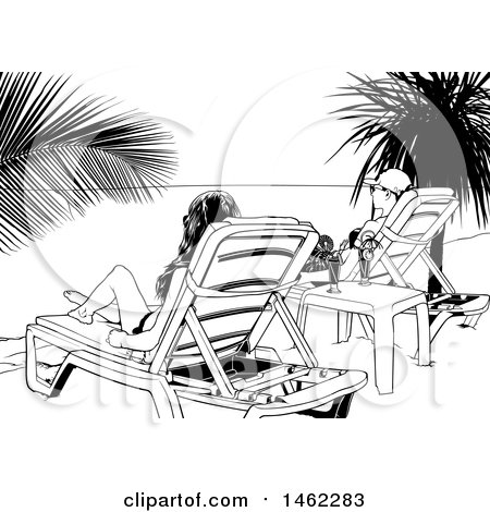 Clipart of Black and White Women Relaxing on a Beach - Royalty Free Vector Illustration by dero