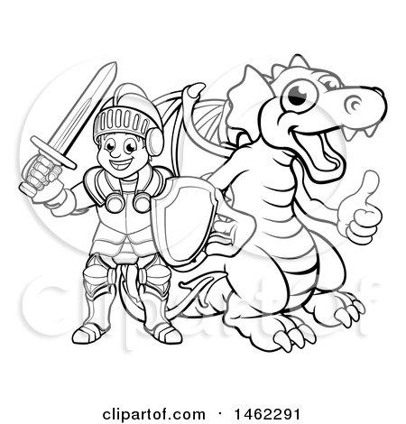 Clipart of a Black and White Knight and Dragon - Royalty Free Vector Illustration by AtStockIllustration