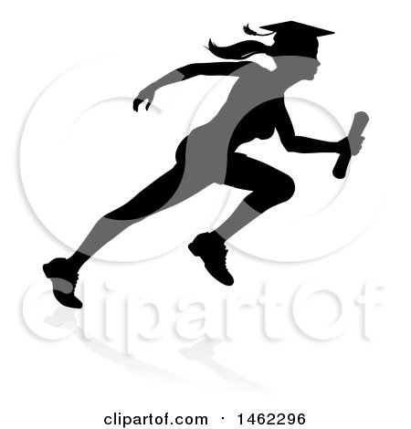Clipart of a Black Silhouetted Female Graduate Running a Race, with a Shadow - Royalty Free Vector Illustration by AtStockIllustration