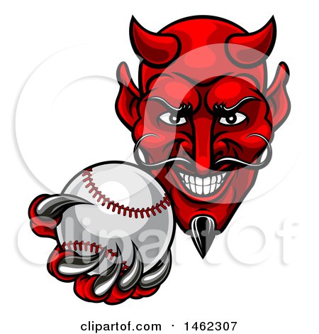 Clipart of a Grinning Evil Red Devil Holding out a Baseball in a Clawed Hand - Royalty Free Vector Illustration by AtStockIllustration