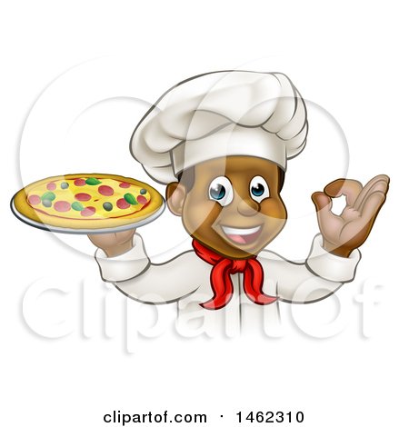 Clipart of a Cartoon Happy Black Male Chef Gesturing Ok and Holding a Pizza - Royalty Free Vector Illustration by AtStockIllustration