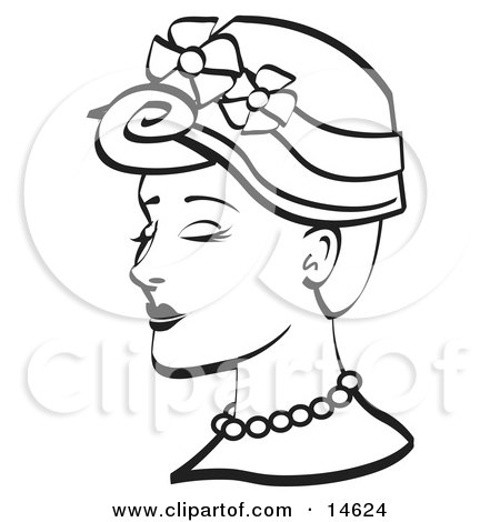 Pretty Young Woman Wearing A Hat With Flowers And A Pearl Necklace, Black and White Clipart Illustration by Andy Nortnik
