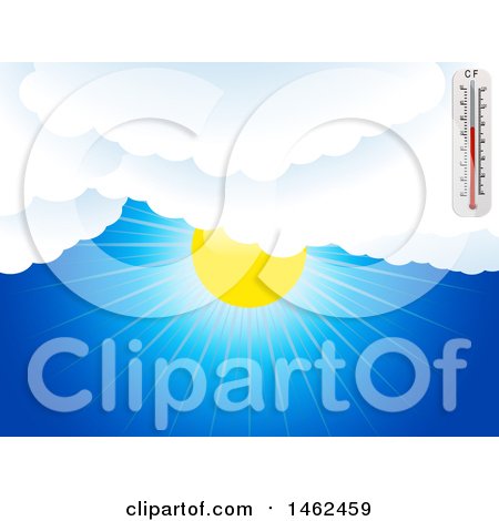 Clipart of a Thermometer and Clouds over a Blue Sky and Sun - Royalty Free Vector Illustration by elaineitalia