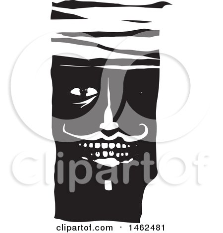 Clipart of a Mans Face with Bandages on His Forehead, Black and White Woodcut - Royalty Free Vector Illustration by xunantunich