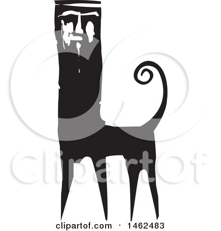 Clipart of a Man Faced Cat Monster, Black and White Woodcut - Royalty Free Vector Illustration by xunantunich