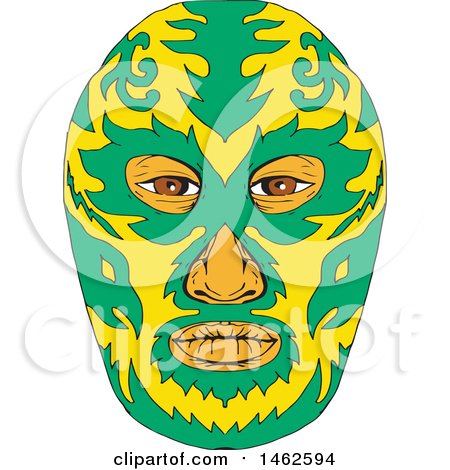 Clipart of a Green and Yellow Luchador Face Mask, in Drawing Sketch Style - Royalty Free Vector Illustration by patrimonio